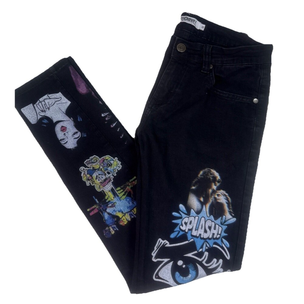 Sugar hill Psycho Denim Skinny jeans in black with custom printed graphics men’s